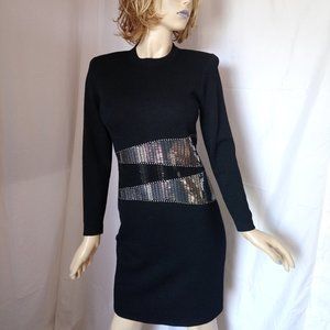 ST JOHN EVENINGS Knit Black Sequins Dress 6 CHIC!
